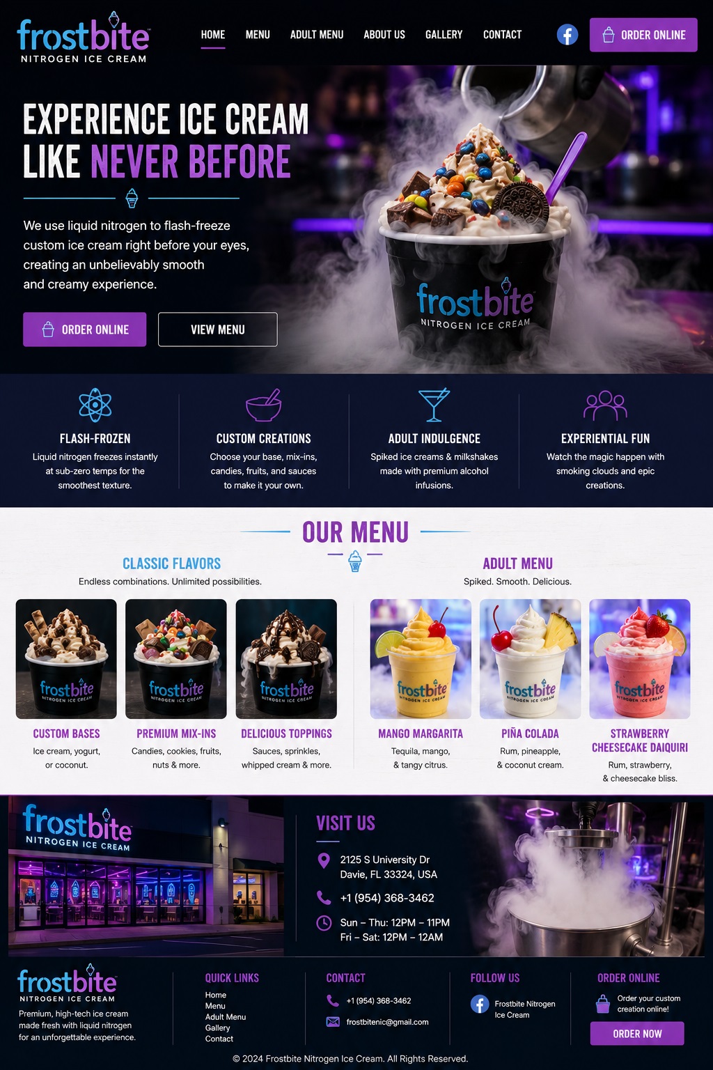 Frostbite Nitrogen Ice Cream landing page design